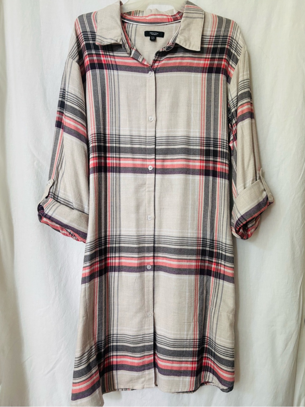 Plaid Button Front Tunic Shirt Dress XXL Pink Gray